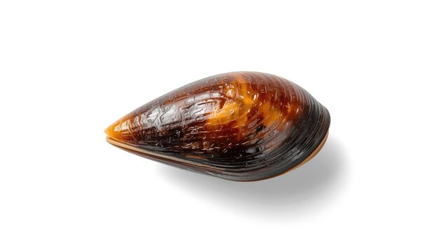 Whole mussel shell with shiny texture on white background