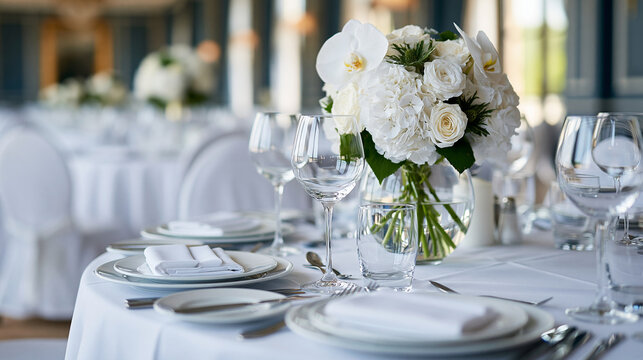 Hotel ballroom set for a gala dinner with round tables, white linens, and elegant floral arrangements, luxury event hospitality concept, defocused, with copy space