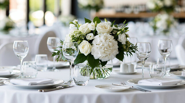 Hotel ballroom set for a gala dinner with round tables, white linens, and elegant floral arrangements, luxury event hospitality concept, defocused, with copy space