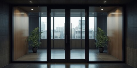 Fototapeta premium Modern entrance with glass doors and potted plants