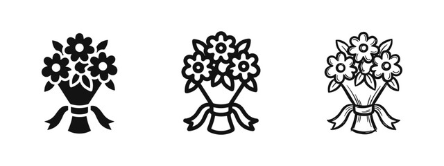 Flower bouquet icon set. Beautiful bunch of flowers tied with a ribbon for celebration and gifts. © drawing lines