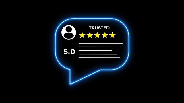 Neon five-star customer review rating animation with trusted badge
