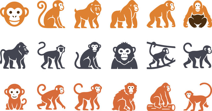 Monkey & Gorilla Icons Set - Primate Animal Illustrations, Wildlife & Zoo Vector Icons