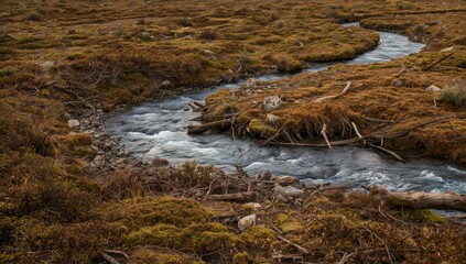 Obraz premium Winding river through a grassy, marshy landscape