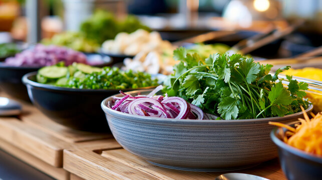 Hotel breakfast buffet omelet station with fresh ingredients displayed in bowls, made-to-order dining concept, defocused, with copy space
