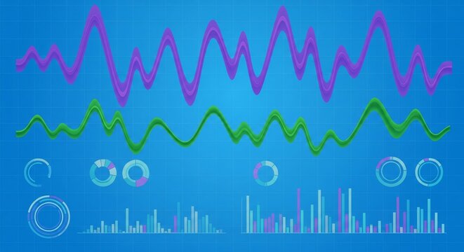 Abstract Financial Data Visualization with Futuristic Charts and Graphs on a Blue Grid Background
