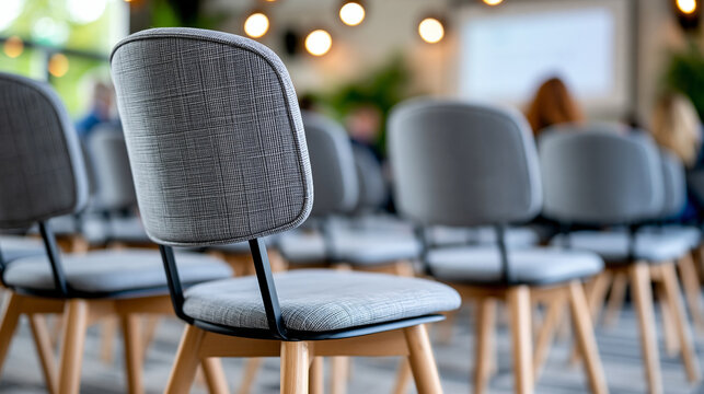 Hotel conference room set up with neatly arranged chairs and a presentation screen, business hospitality and meeting venue concept, defocused, with copy space