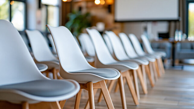 Hotel conference room set up with neatly arranged chairs and a presentation screen, business hospitality and meeting venue concept, defocused, with copy space