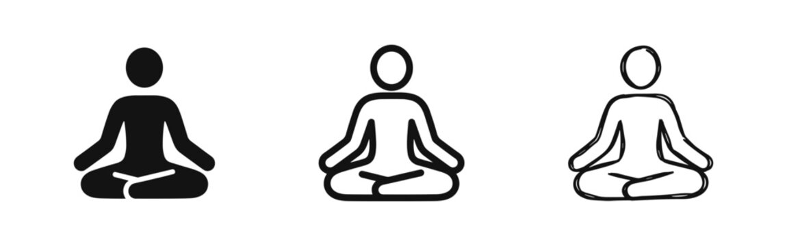 Person meditating in lotus pose vector icon set in solid, outline, and doodle styles. Yoga and mindfulness concept.