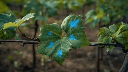 Fototapeta premium Vineyard leaf with blue markings on a sunny day