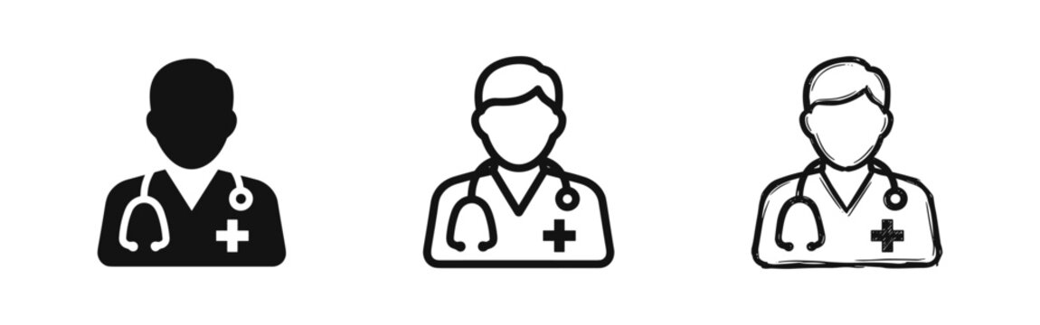 Doctor icon set with stethoscope and cross. Medical healthcare symbol in solid, outline, and hand-drawn styles.