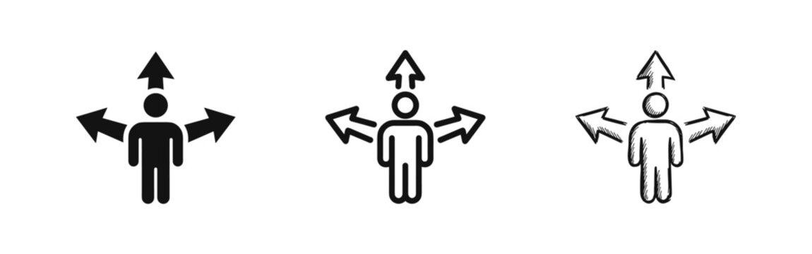 Set of decision making icons, person with arrows in different directions