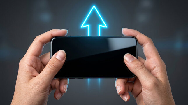 Artistic shot of hands presenting a blank smartphone screen with a majestic glowing arrow pointing up, capturing the essence of success, exponential growth, and advanced mobile technology trends.