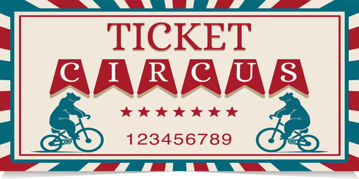  Vintage circus ticket vector illustration with trained bears riding bicycles, stars, and bunting flags garland.