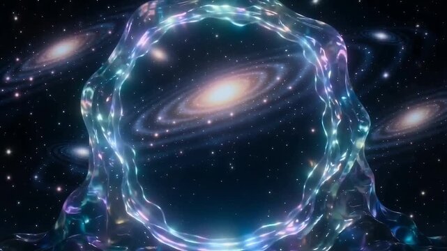 Cloaked Traveler Silhouette Approaching Shimmering Organic Portal Opening into Cosmic Star Field in Cinematic Sci-Fi Scene
