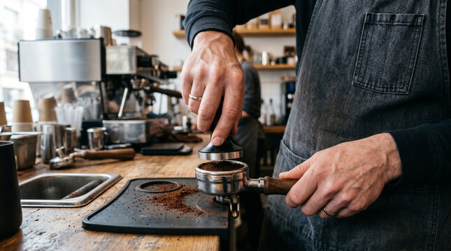 Professional Barista Hands Tamping Freshly Ground Organic Coffee Beans into a Metal Portafilter in a Modern Cafe Setting, Close-up of Espresso Preparation Process with Rich Aroma and Fine Texture.