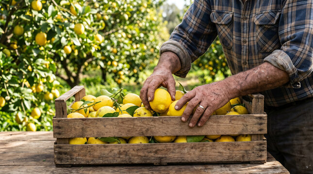 Hands of a worker harvesting ripe citrus fruits and placing them into a wooden crate at a commercial lemon farm, highlighting the abundance and freshness of high quality organic farm produce.