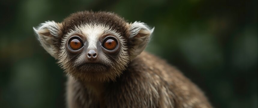 Close-up of a monkey with large eyes in a blurred background