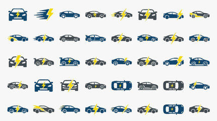 Obraz premium Creative Set of 50 Vibrant Electric Blue and Yellow Lightning Bolt Illustrated Cars for Modern Design Projects