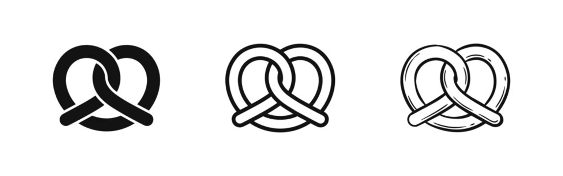 Three variations of a pretzel icon: solid, outline, and hand-drawn sketch, perfect for bakery, snack, or German culture themes.