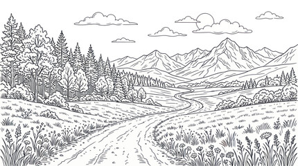Fototapeta premium Scenic mountain landscape with winding road and forest line art