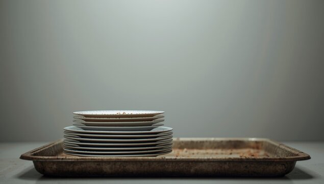 Stack of dirty dishes on a cafeteria tray