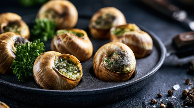 high fidelity food photography of baked french escargot