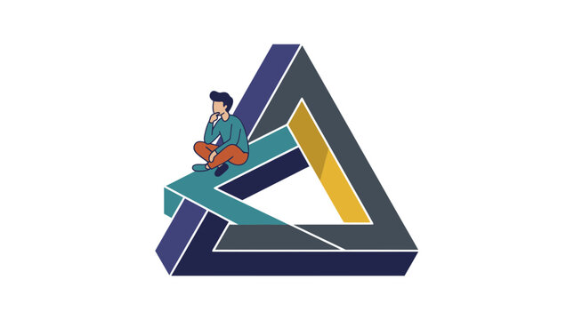 Man sitting on an impossible triangle thinking about complex problems