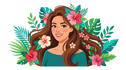 Beautiful woman with long hair and tropical flowers and leaves © Suyat