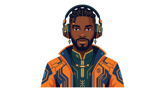 Modern black man wearing futuristic tech headphones and orange jacket