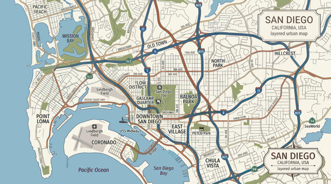 San diego california city map with roads parks and coastal districts