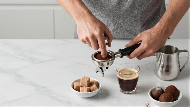 Coffee lover preparing espresso, sugar cubes and chocolate truffles on marble countertop.