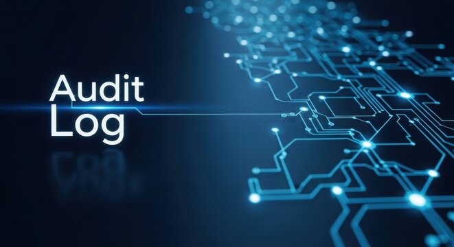 Audit log text over abstract digital blue circuit board background illustration