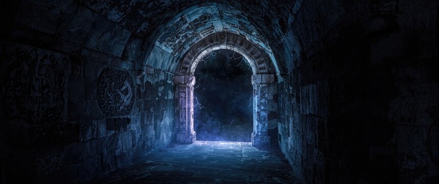 Secret medieval castle passage illuminated by an ancient glowing portal for fantasy roleplay environments
