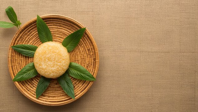 Traditional Jenang rice cake sweet served on bamboo platter with green leaf detail