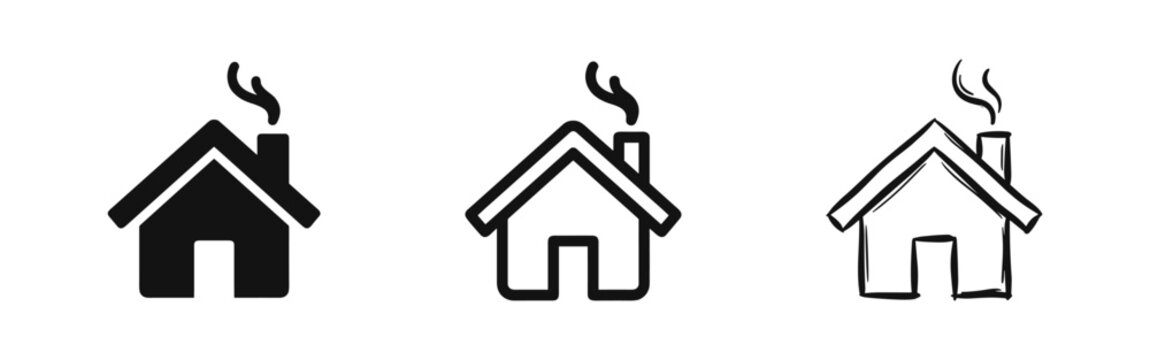 House with chimney icon set, vector illustration of home symbols in solid, outline, and sketch styles