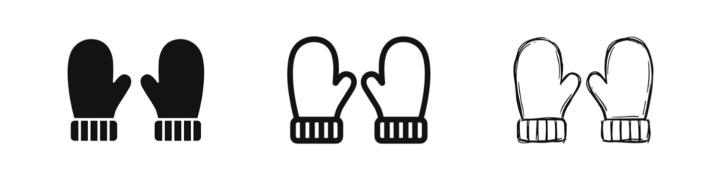 Winter mittens icon set, warm gloves symbols in solid, outline, and sketch styles