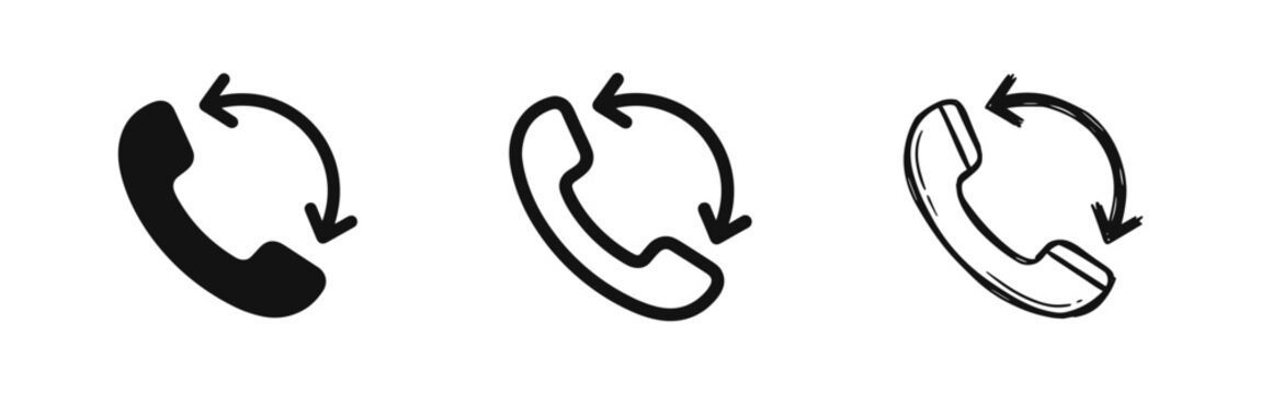 Phone call icon set, handset with circular arrows in solid, outline, and sketch styles