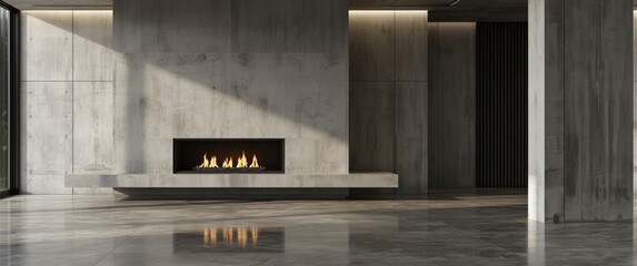 Obraz premium Modern living room with a concrete fireplace and polished floors