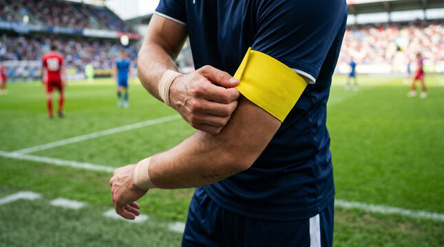 Athletic hands meticulously adjusting a blank captaincy band on a football field background, highlighting the intense preparation and leadership duties of a professional sports team captain.