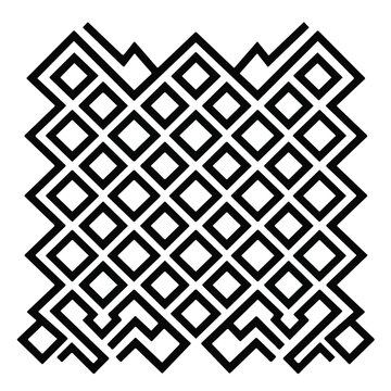 Black and white geometric lattice pattern with interlocking square shapes and jagged borders on a plain white background illustration