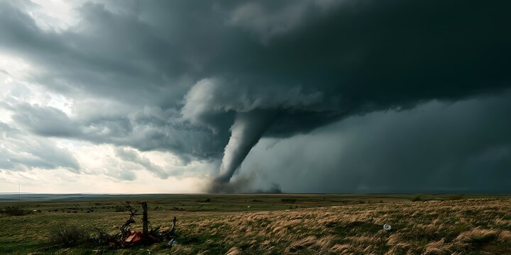 A powerful supercell thunderstorm with a funnel cloud over a vast rural landscape