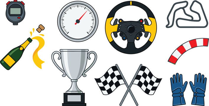 Motorsport racing vector icon collection featuring steering wheel speedometer stopwatch checkered flags silver trophy cup popping champagne racetrack map and driving gloves.