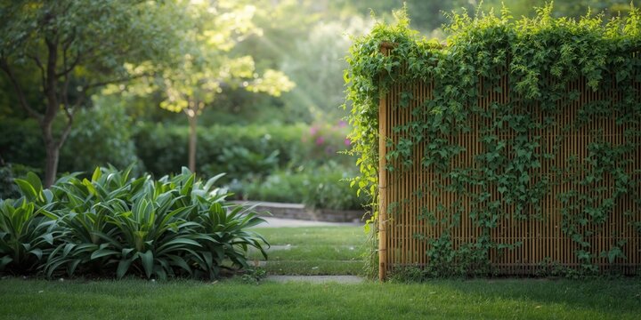Lush green garden with a bamboo fence and sunlight filtering through