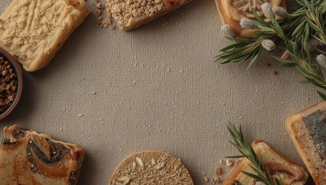 Handcrafted soap bars and ingredients on a textured surface