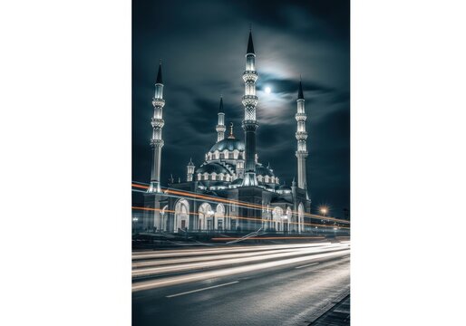 A large mosque with multiple minarets and a dome lit up at night with a road in front of it