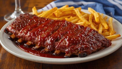 Obraz premium Barbecue ribs with fries on a white plate