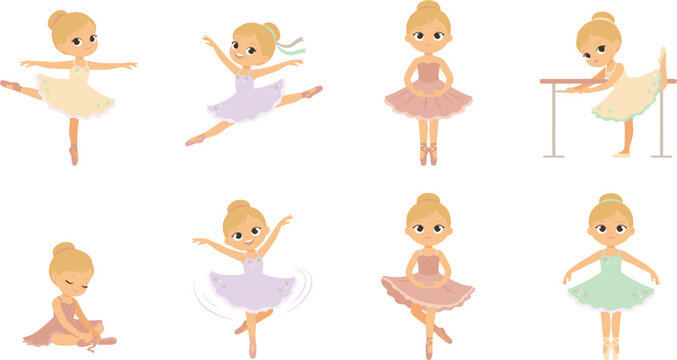 Cute Little Ballerina Girls Vector Character Set with Ballet Dancers Training Poses Tutu Skirt Pointe Shoes and Barre Icons for Dance Studio Design