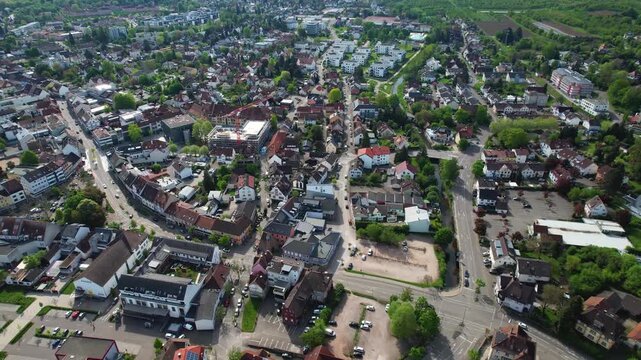 Aerial view around the old town of the city Achern, in  south Germany on a sunny spring noon.