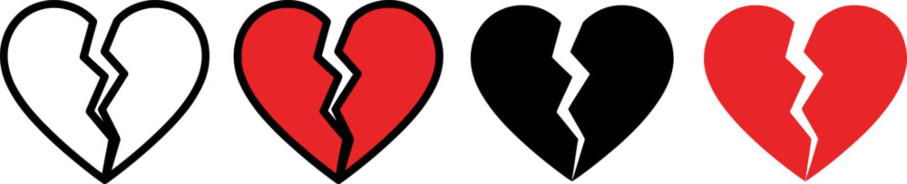 Broken hearts in different colors on white background